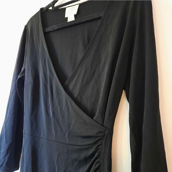 LOFT Wrap Dress Black Long Sleeve Ruched V Neck - Picture 4 of 12